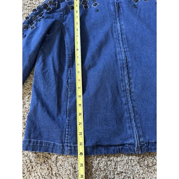 BOB MACKIE Blue Denim Full Zip Jacket Top Beaded Rhinestone Artsy Pockets LARGE - Picture 4 of 11